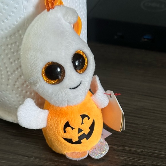 Ty Halloween Pumpkin Ghost Plush Keychain - Orange and White - Picture 2 of 6
